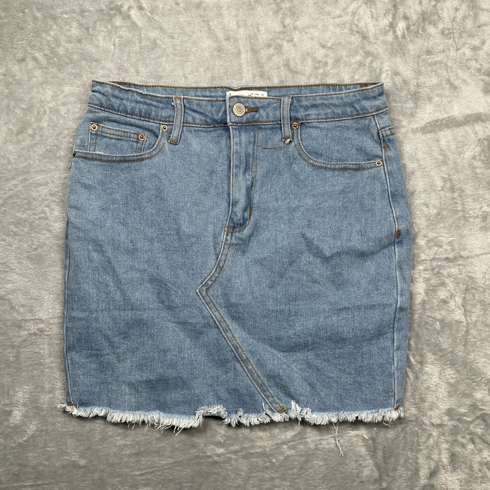 Just Quella Denim‎ Mini Skirt Womens Size M Light Blue Raw Hem Asymmetrical Seam
